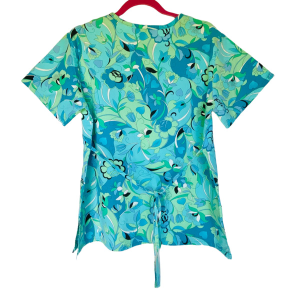 LIFE Scrub Top Womens Small Blue Green Floral Print Medical Uniform Vet Nurse - Picture 2 of 3